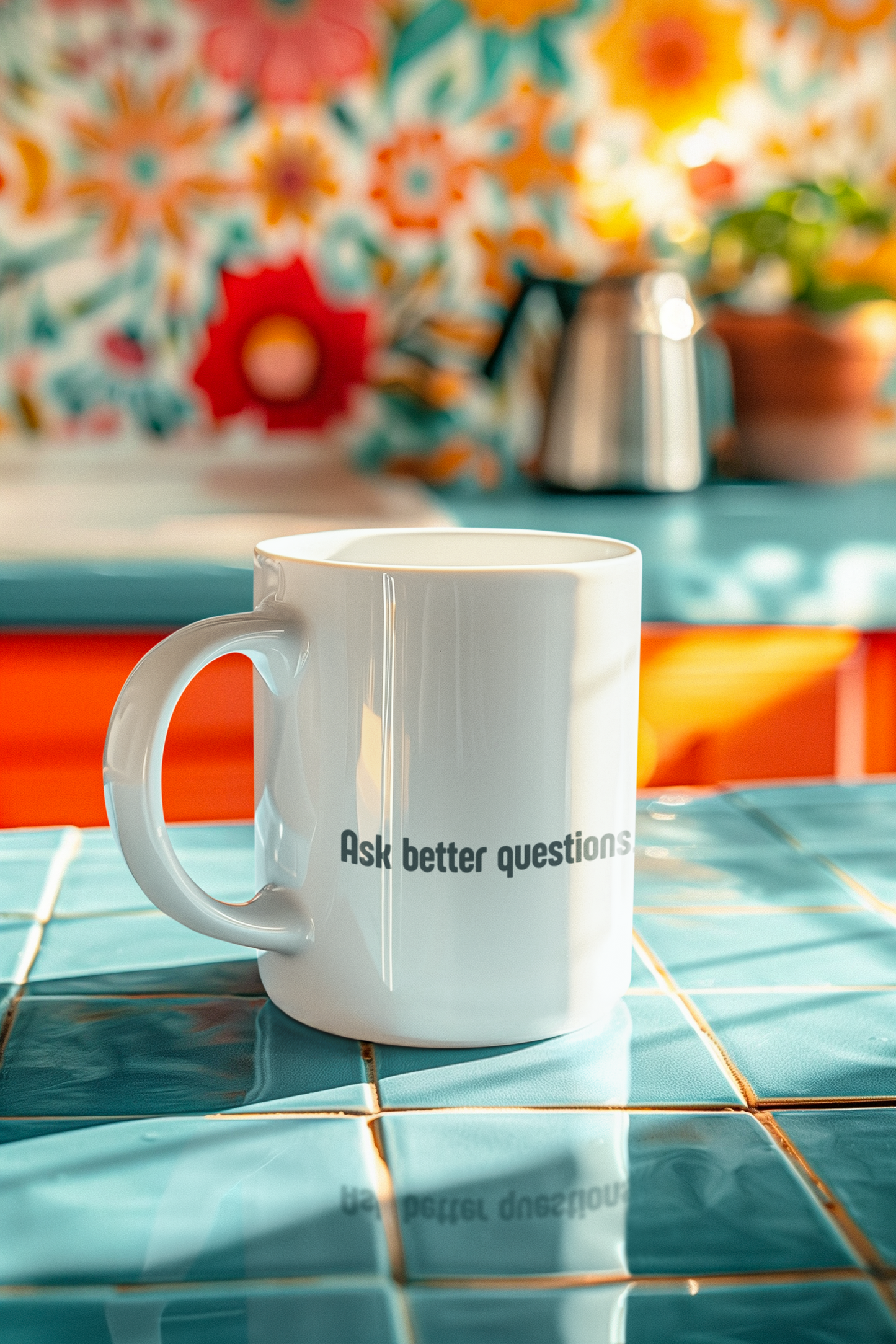 Ask better questions mug | 11oz white coffee mug, minimalist text design